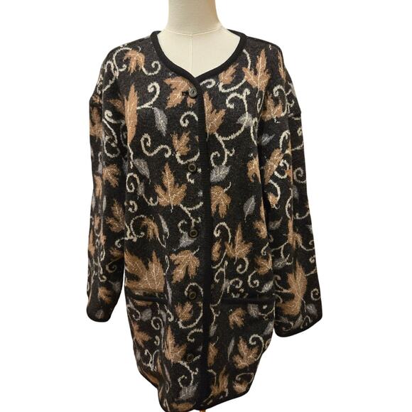 TUNDRA Canada Vintage Fall Leaves Pure Virgin Wool Collared Cardigan Large Gray - Picture 1 of 9